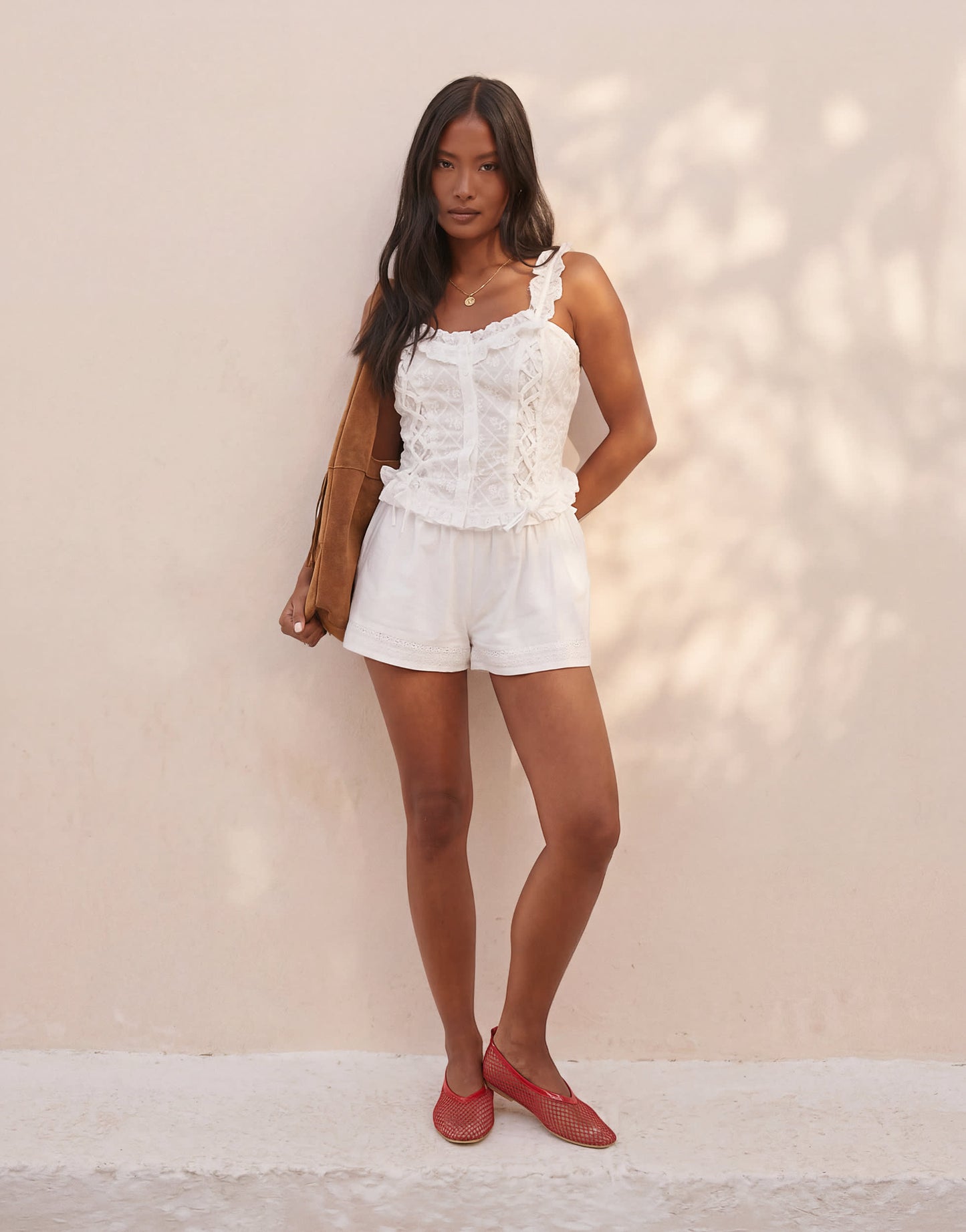 Miss Selfridge Petite cotton broderie corset top in white