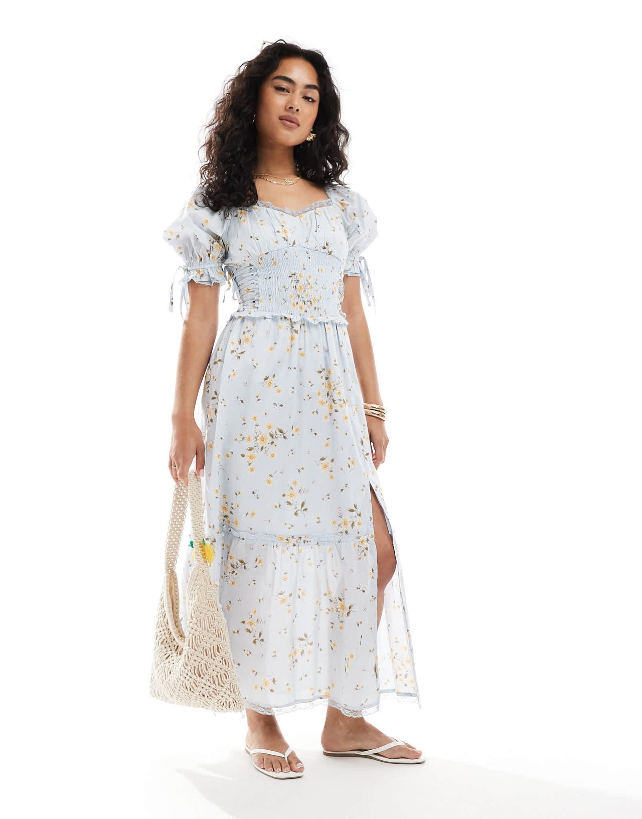 Miss Selfridge printed milkmaid maxi dress in blue floral print