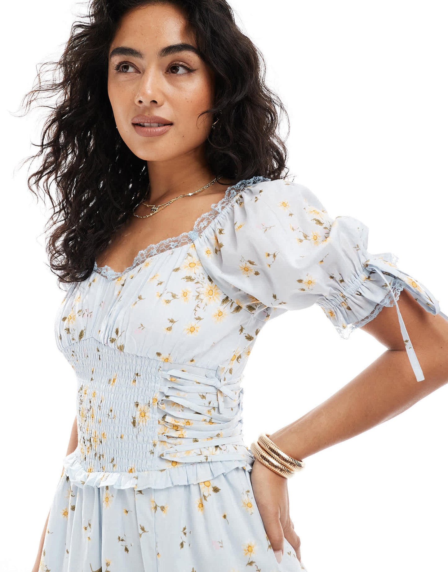Miss Selfridge printed milkmaid maxi dress in blue floral print