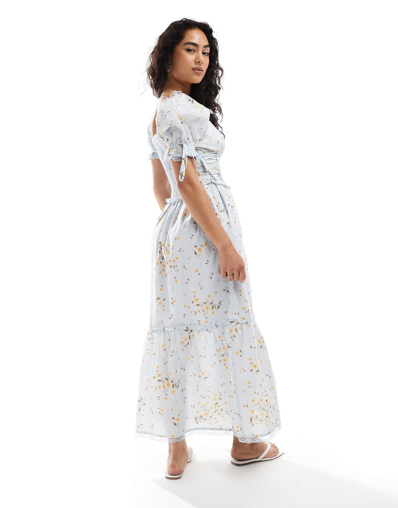 Miss Selfridge printed milkmaid maxi dress in blue floral print