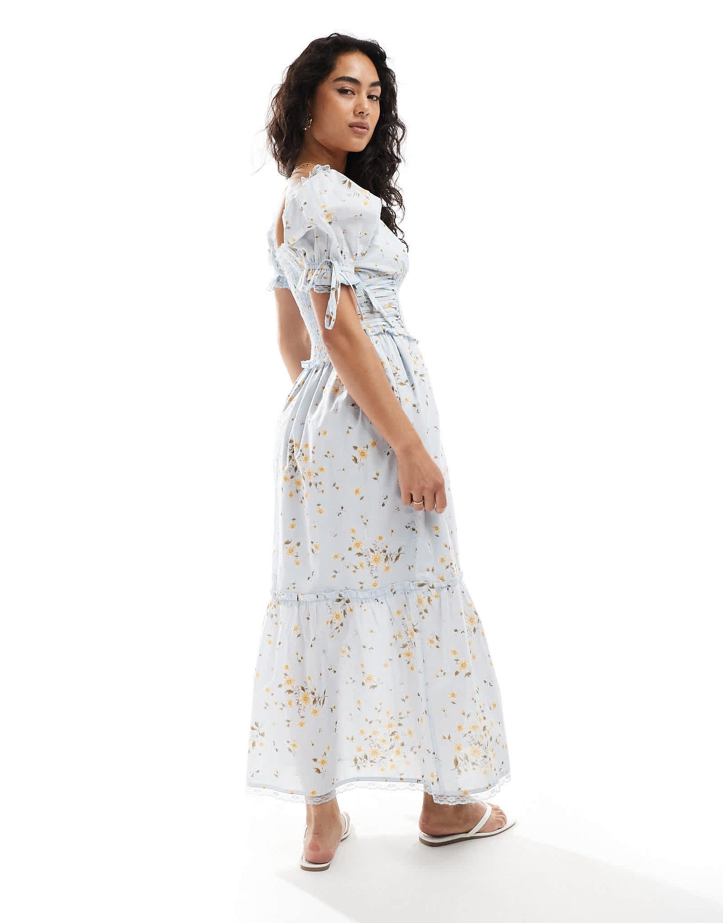 Miss Selfridge printed milkmaid maxi dress in blue floral print