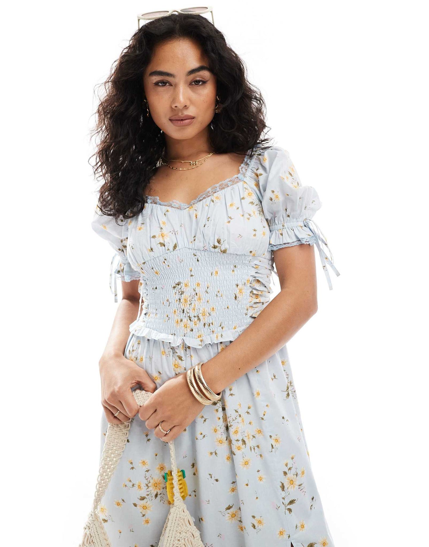 Miss Selfridge printed milkmaid maxi dress in blue floral print