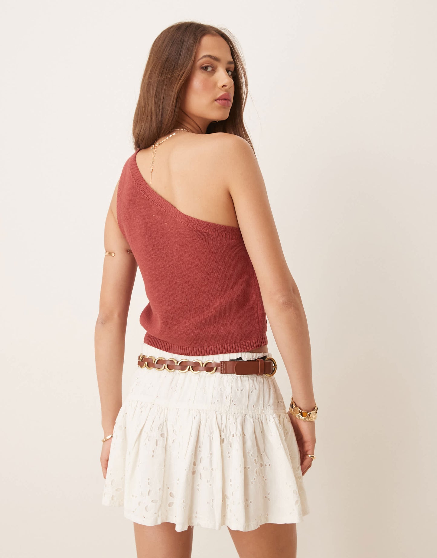 ASOS DESIGN knitted on shoulder top with flower applique detail in brown