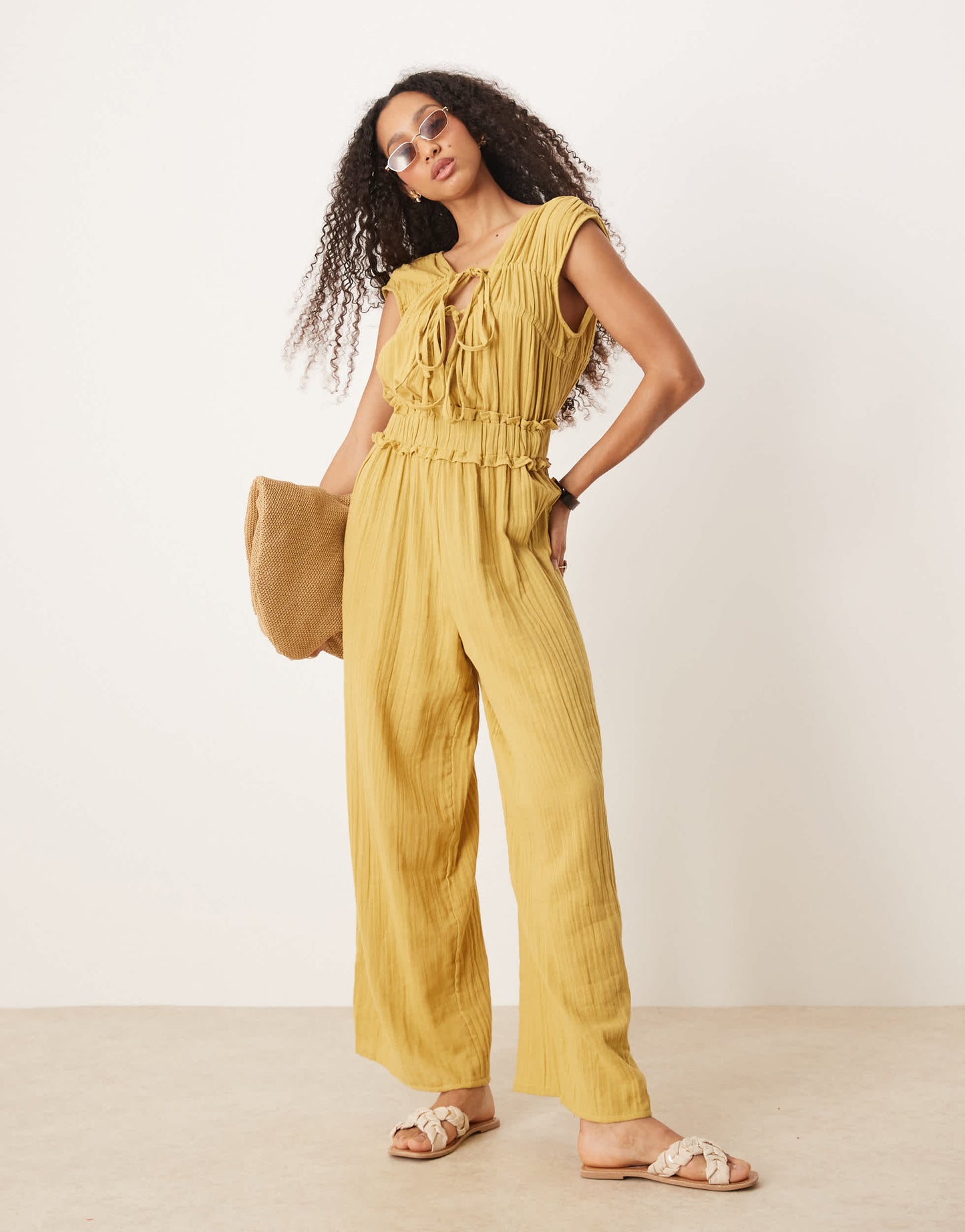 ASOS DESIGN double cloth gathered bust jumpsuit in avacado green