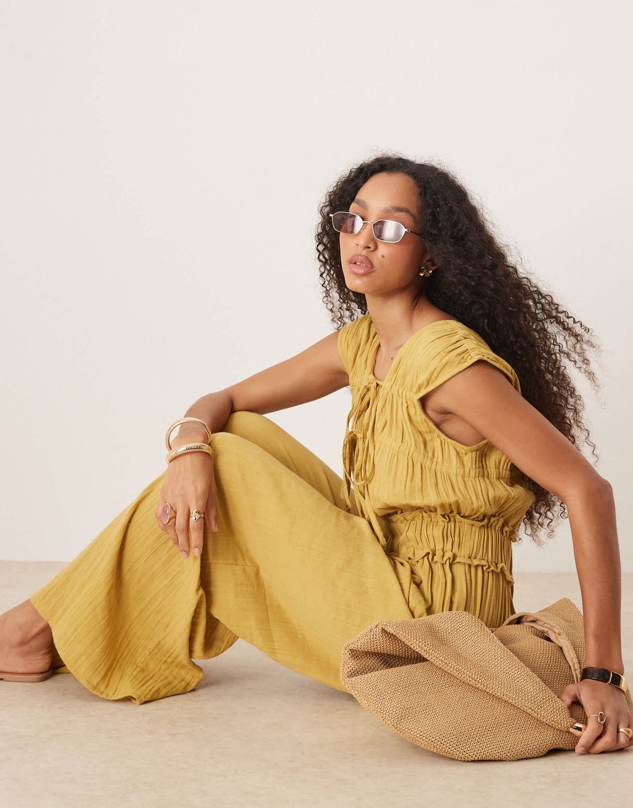 ASOS DESIGN double cloth gathered bust jumpsuit in avacado green