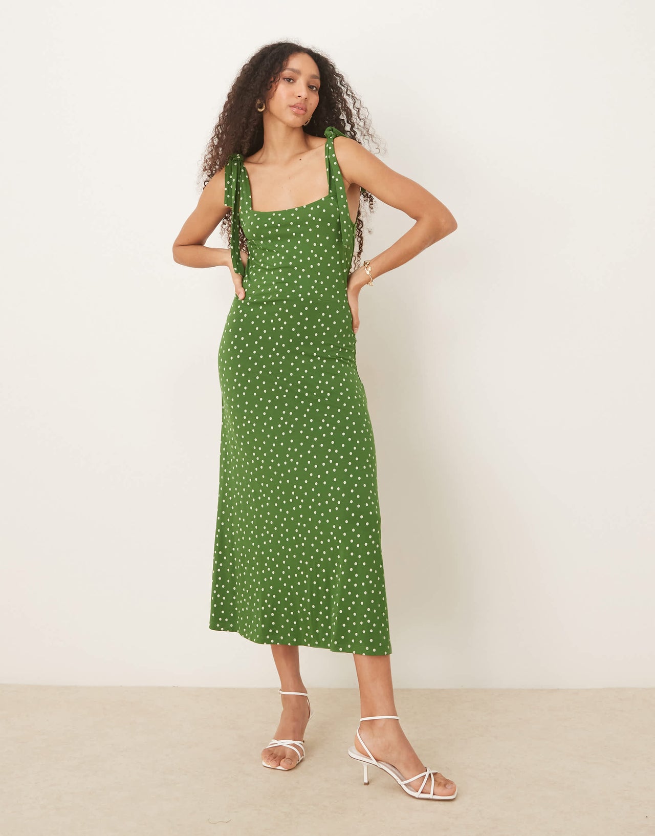 Nobody's Child Adrian tie shoulder midi dress in green spot