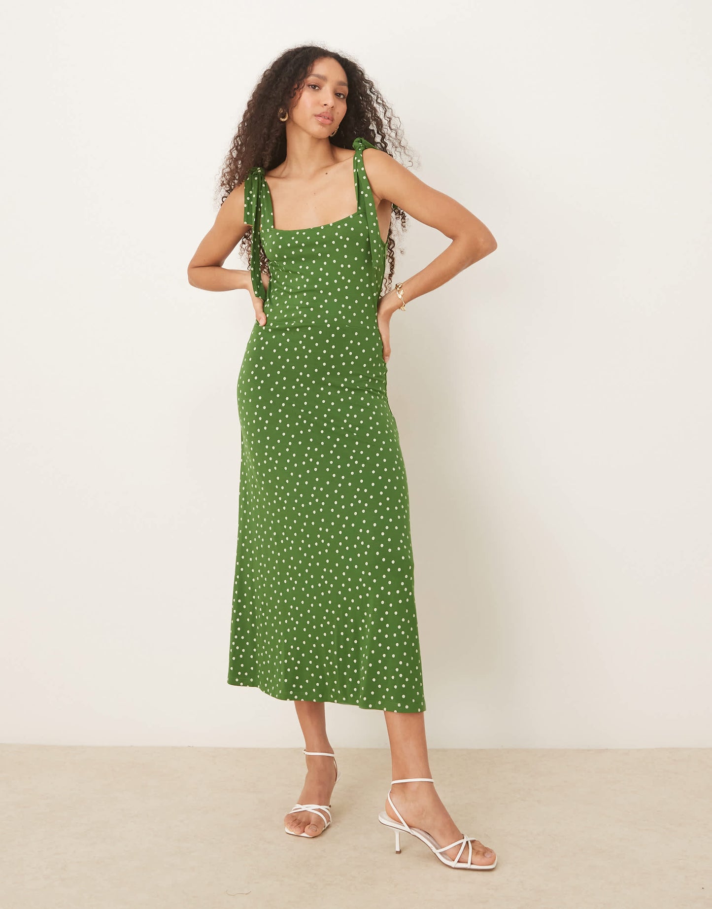 Nobody's Child Adrian tie shoulder midi dress in green spot