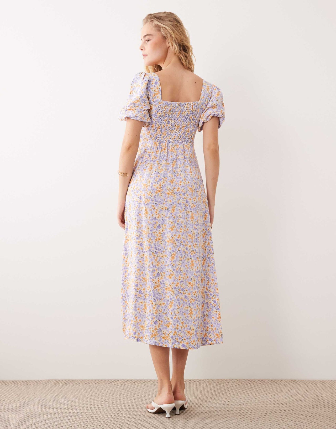 Nobody's Child puff sleeve midi dress in lilac and yellow