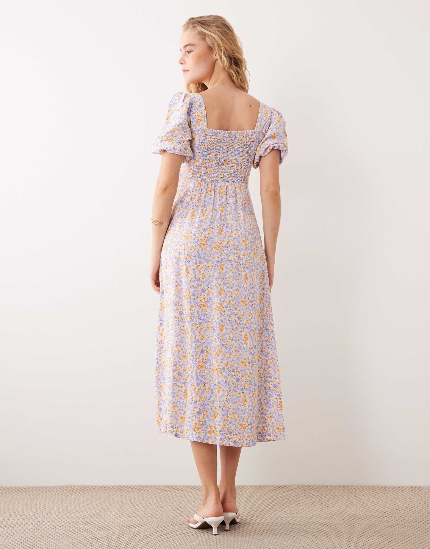 Nobody's Child puff sleeve midi dress in lilac and yellow