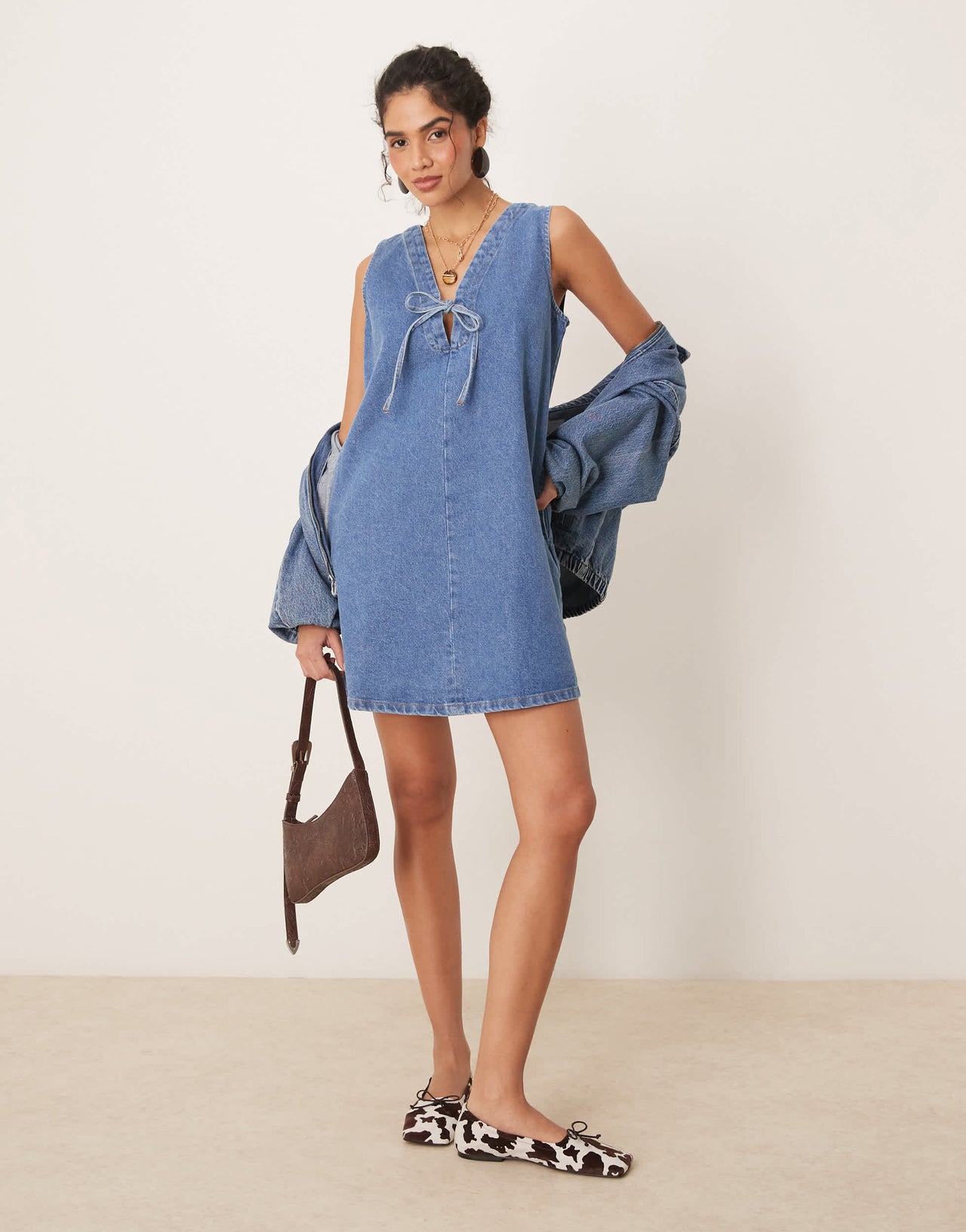 Nobody's Child Lykke a-line denim pinny mini dress in mid wash