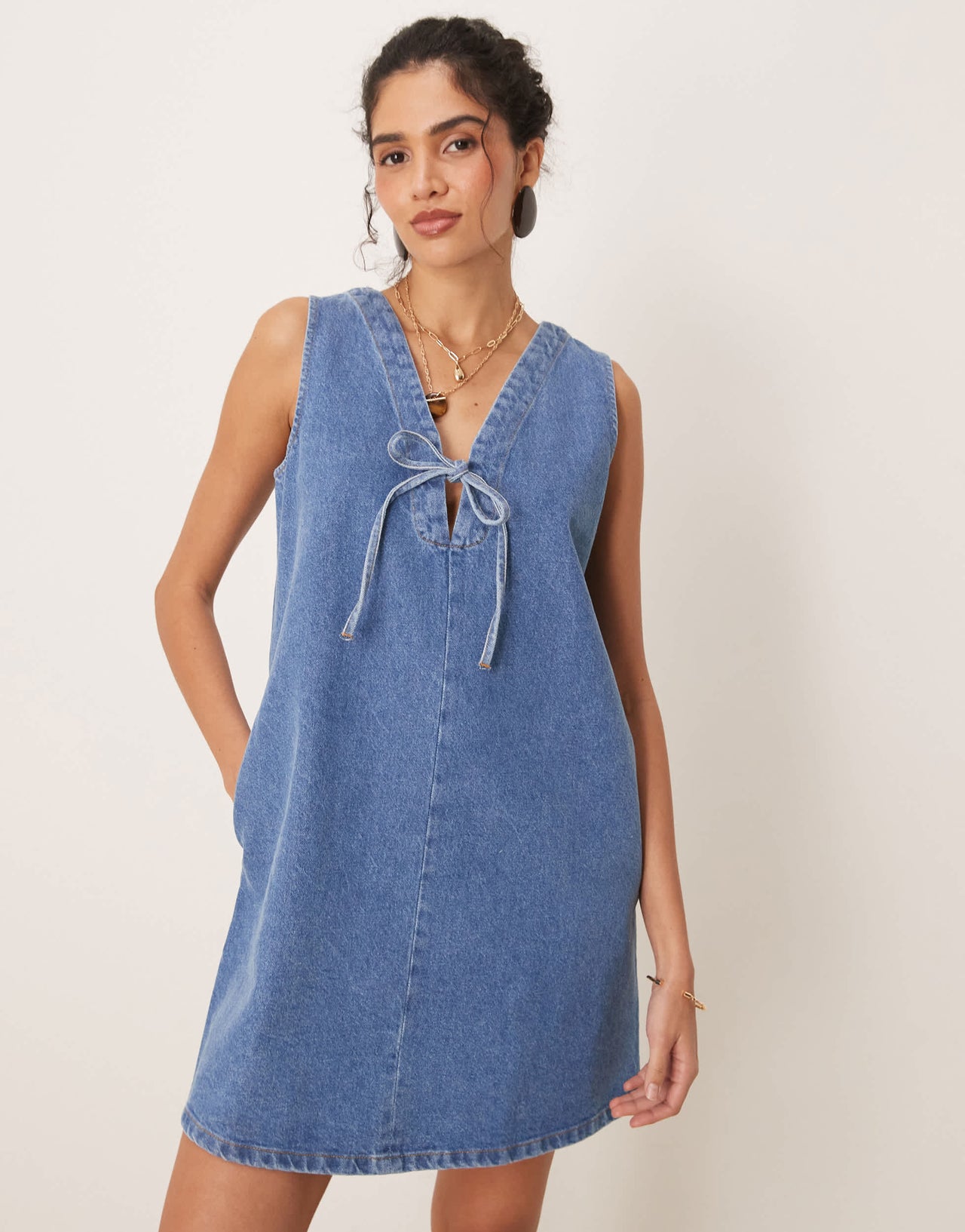 Nobody's Child Lykke a-line denim pinny mini dress in mid wash