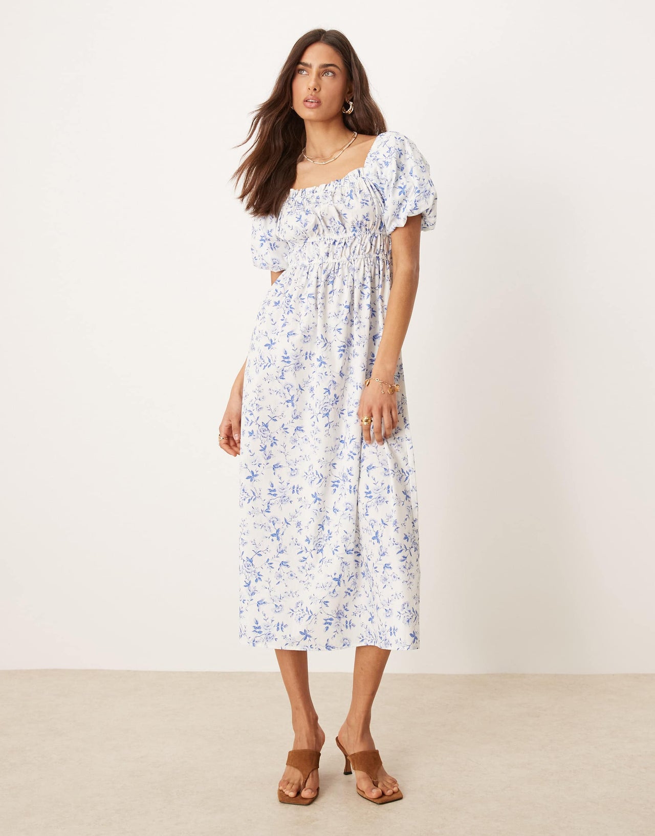 Nobody's Child Kurtis shirred bodice midi dress in blue and white floral