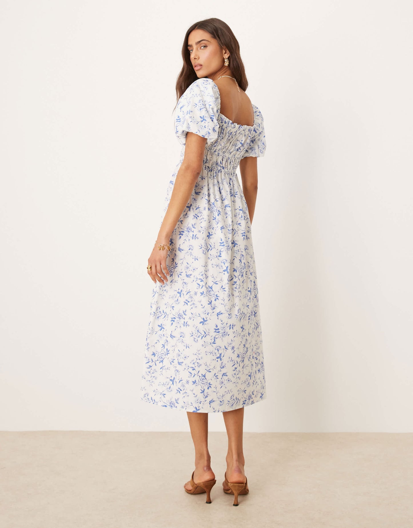 Nobody's Child Kurtis shirred bodice midi dress in blue and white floral