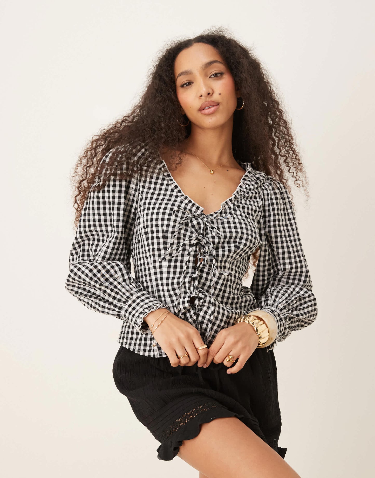 Nobody's Child Dallas tie front blouse in mono gingham