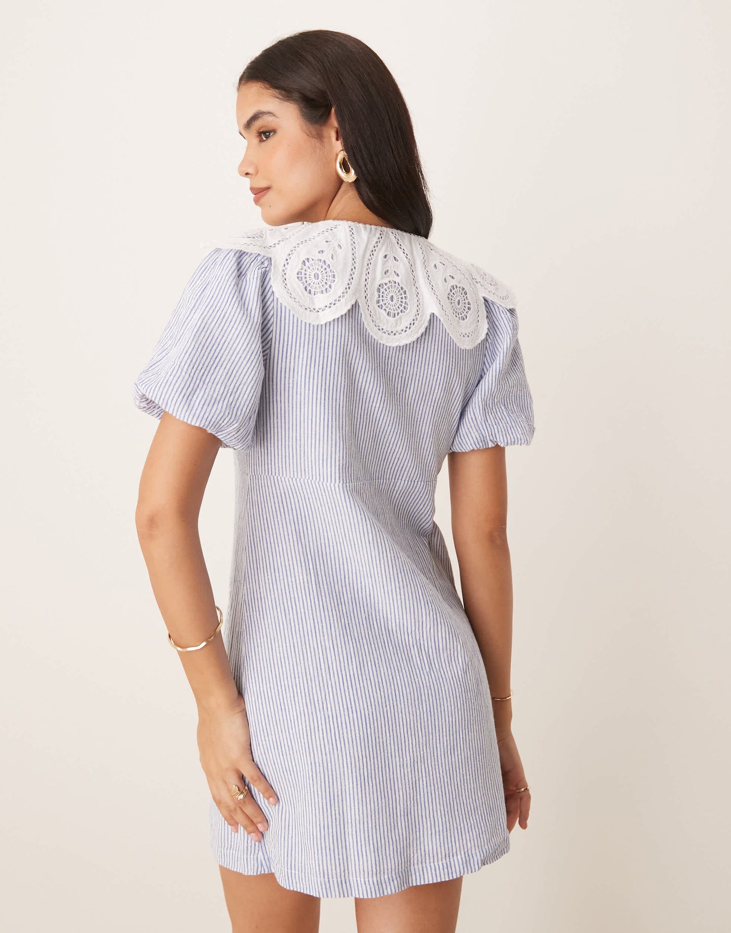 Nobody's Child Bessie scallop collar detail mini smock dress in blue pinstripe