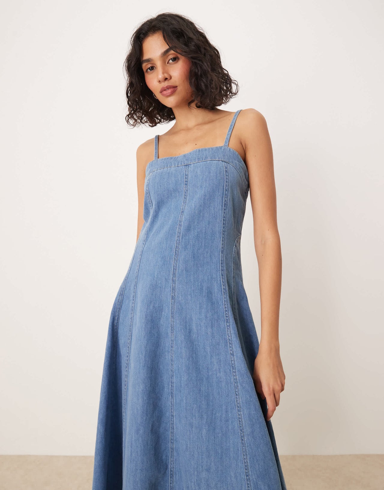 Nobody's Child Anita a-line panelled strappy midi dress in mid vintage wash