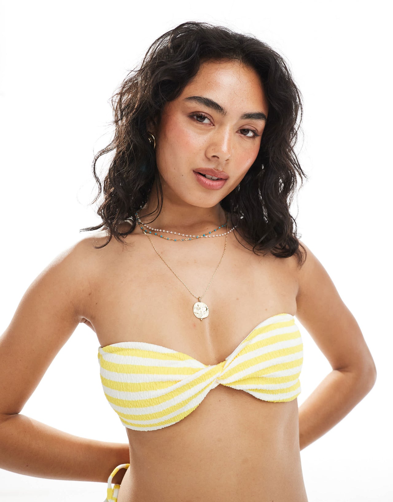 Miss Selfridge textured stripe twist bandeau bikini top in yellow
