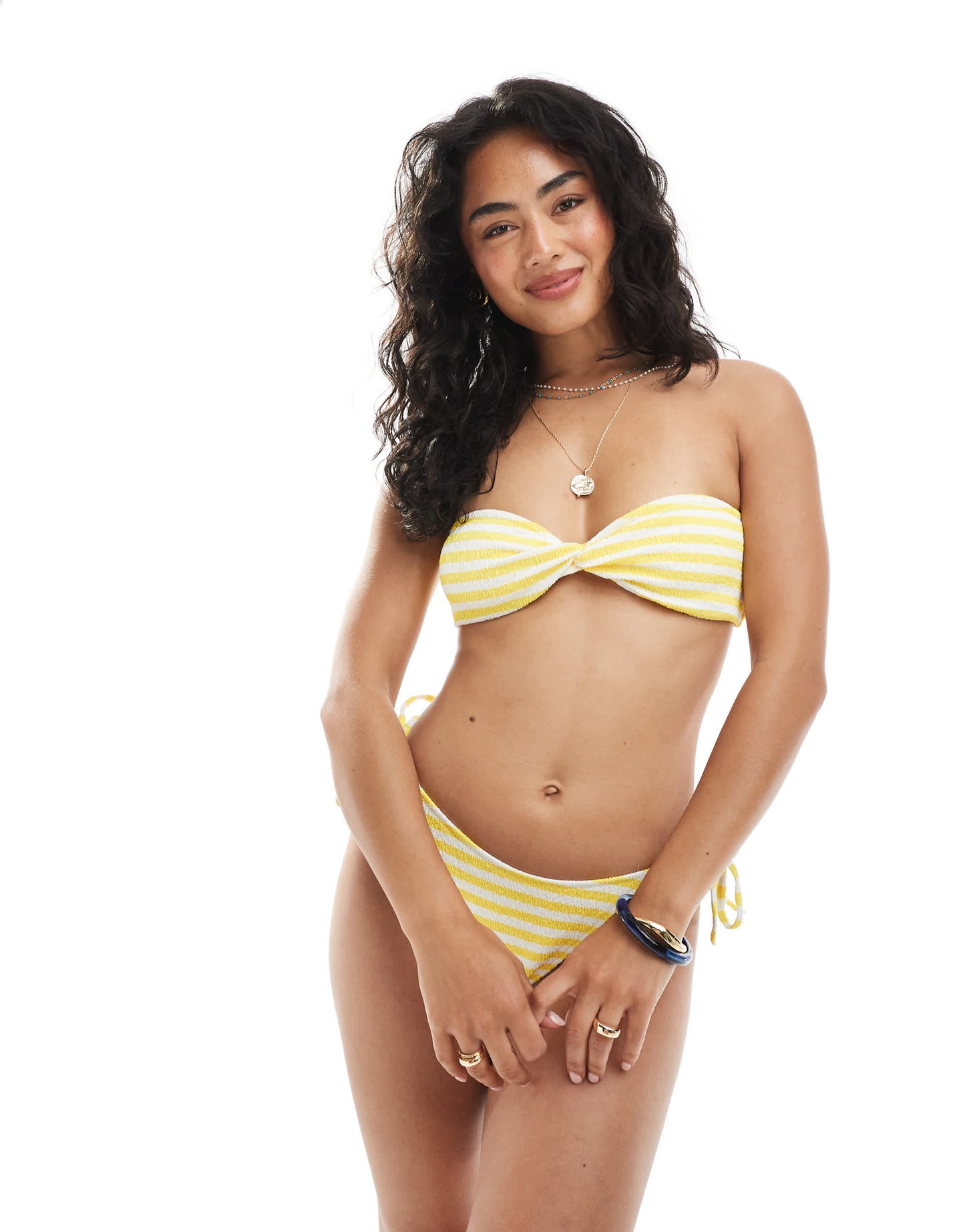 Miss Selfridge textured stripe twist bandeau bikini top in yellow