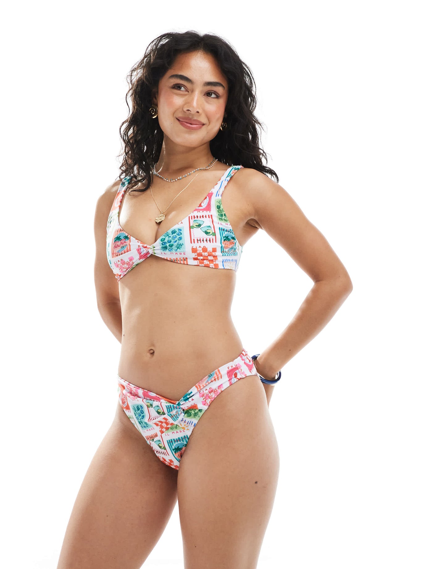 Miss Selfridge postcard print twist detail bikini top