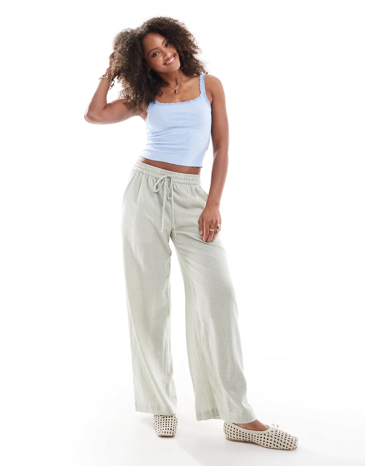 Cotton On 90s haven wide leg linen look trousers in micro green check