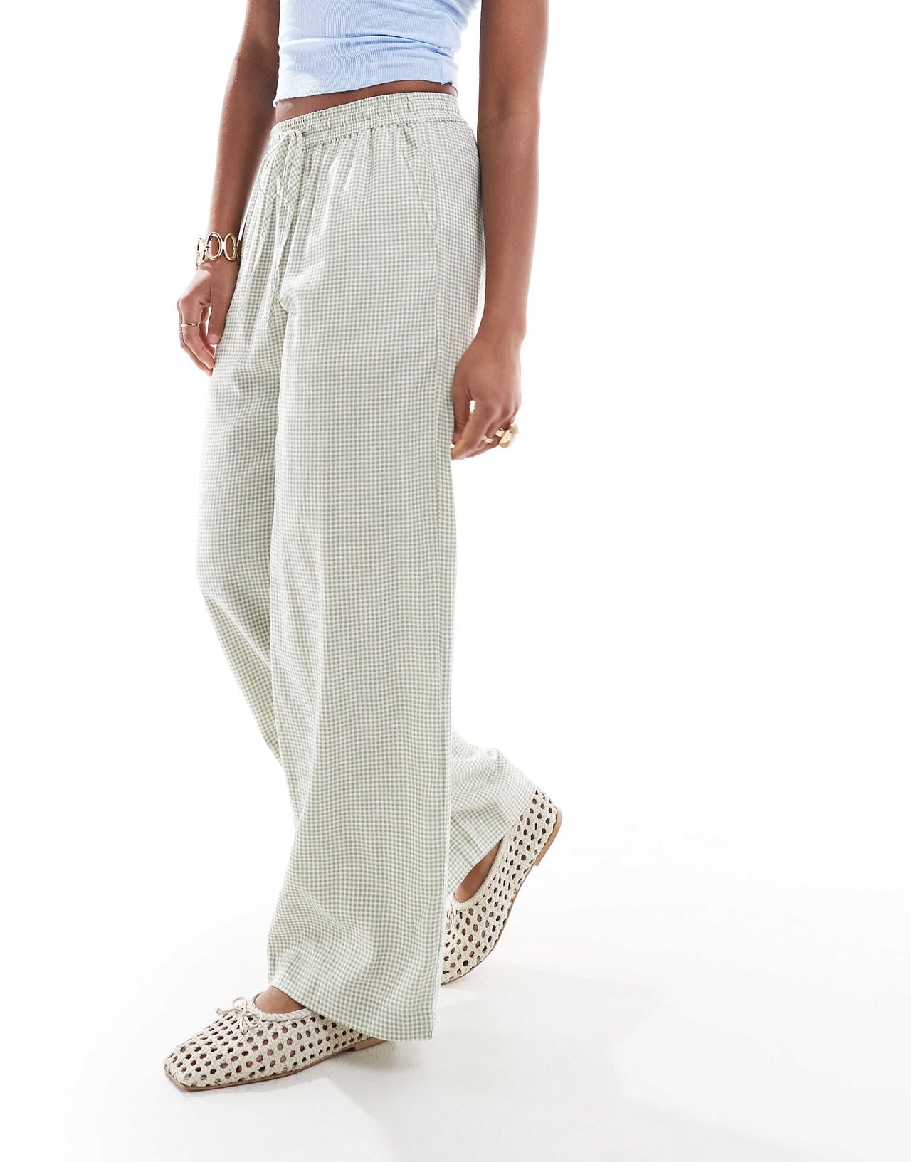 Cotton On 90s haven wide leg linen look trousers in micro green check