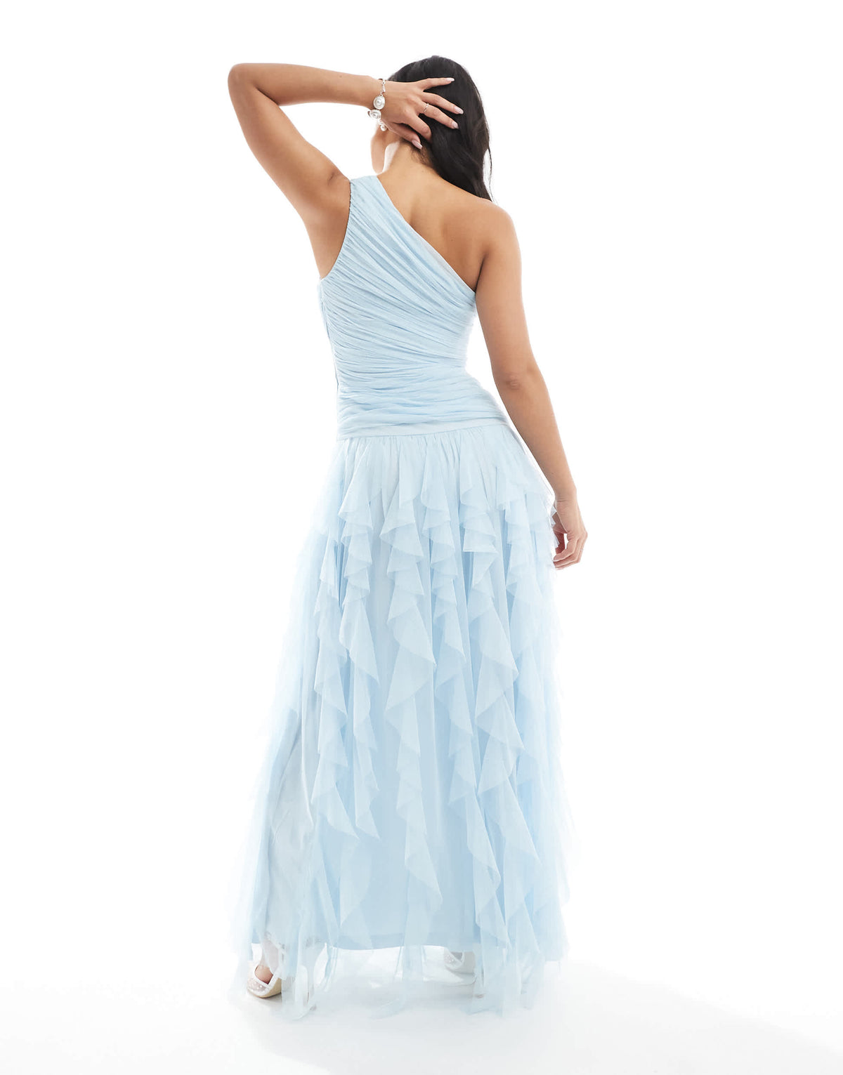 Lace & Beads Bridesmaid one shoulder waterfall ruffle maxi dress in powder blue