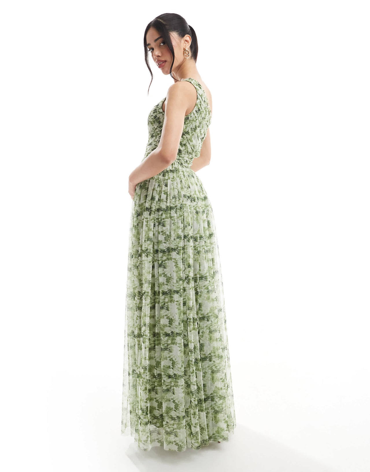 Lace & Beads one shoulder maxi dress in olive floral