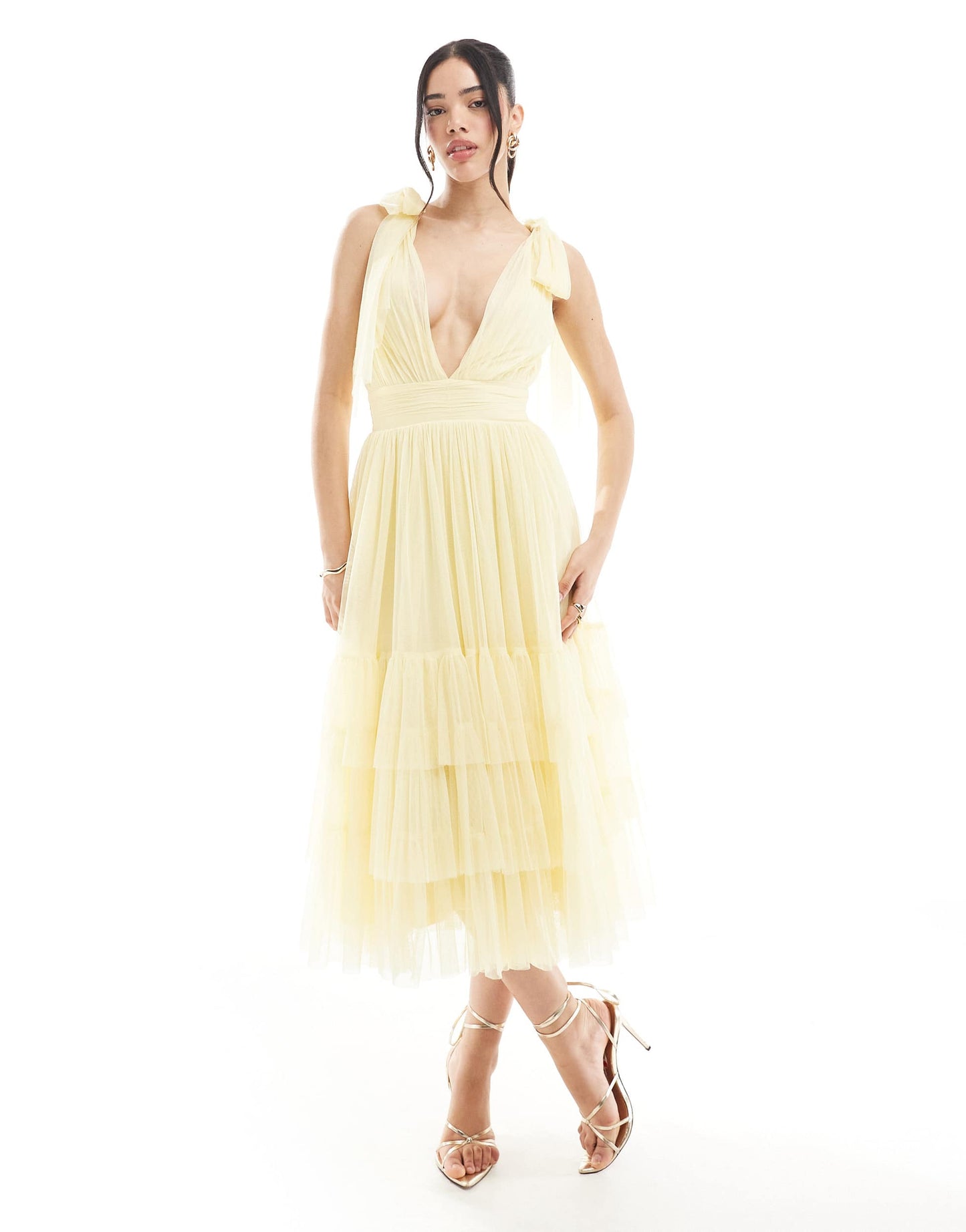 Lace & Beads Bridesmaid bow shoulder midaxi dress in butter yellow