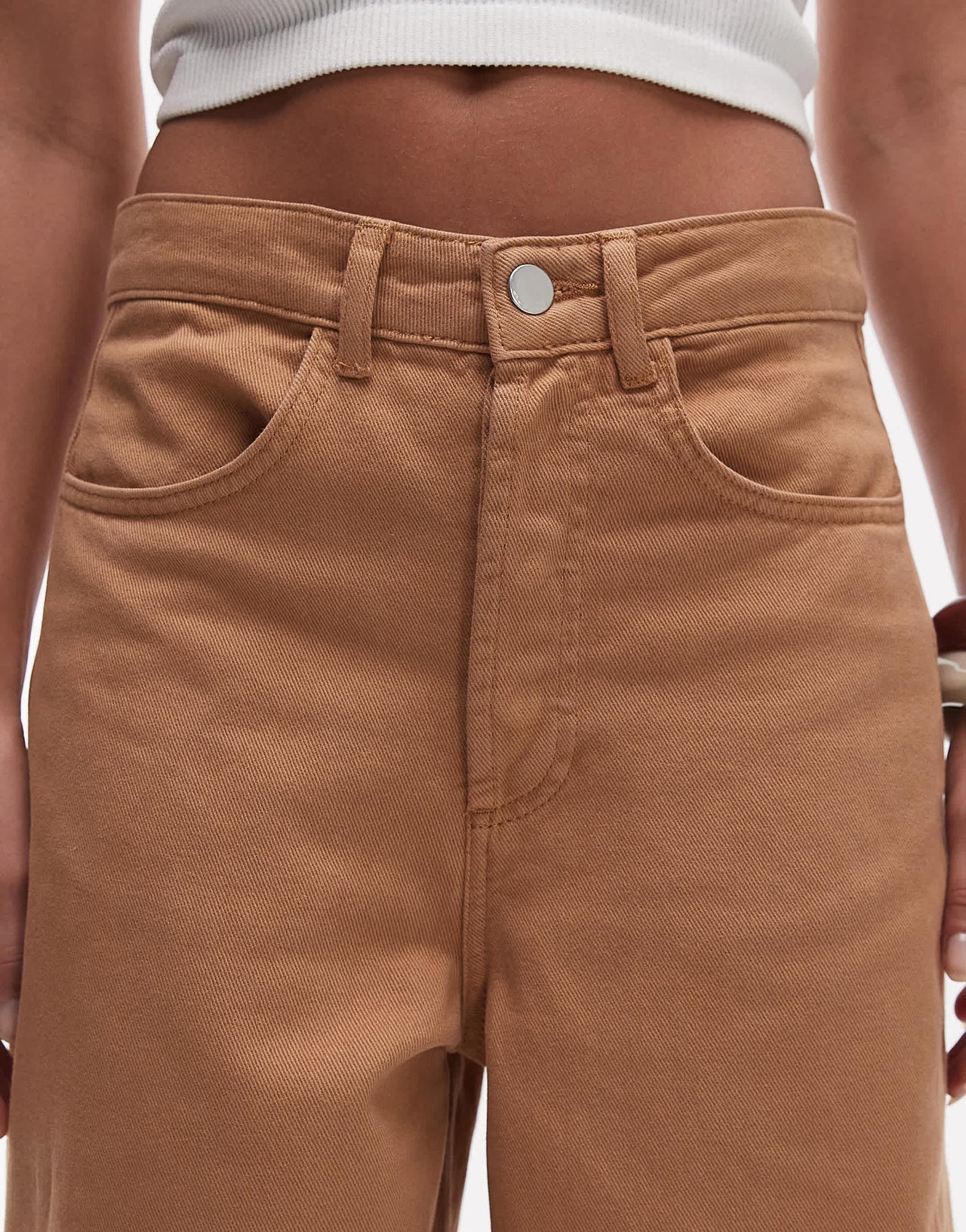 Topshop relaxed barrel leg trouser with seam detail in tan