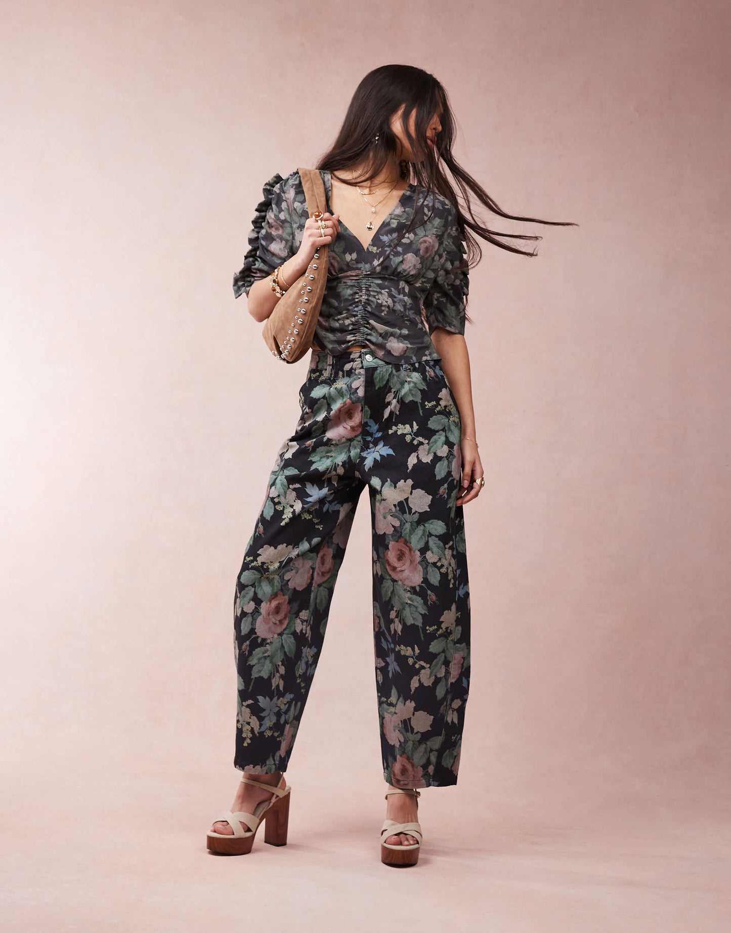 ASOS DESIGN barrel leg trousers in black floral print
