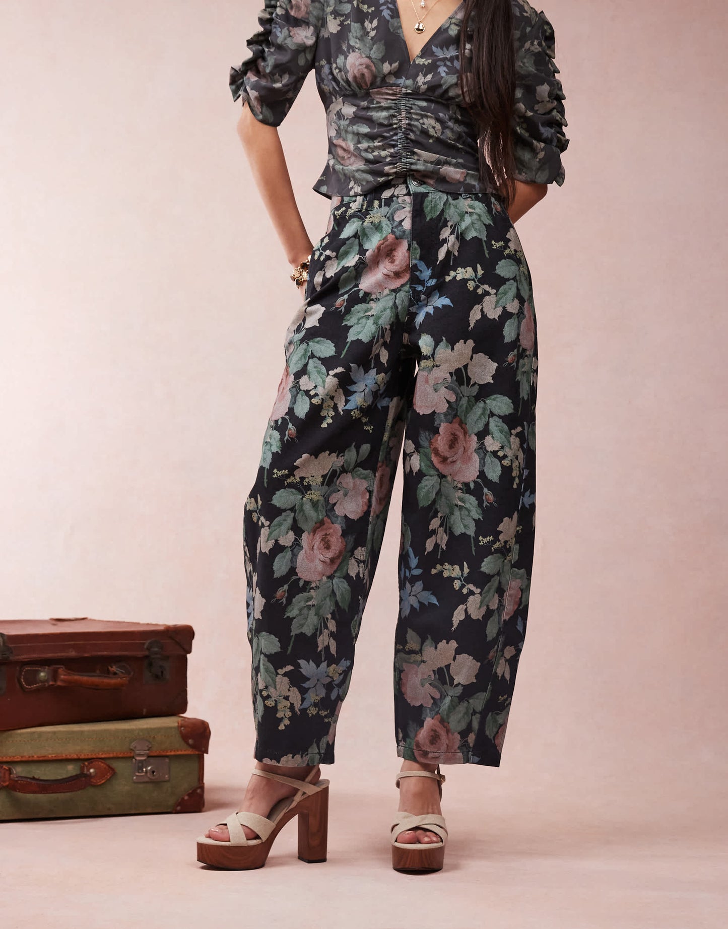 ASOS DESIGN barrel leg trousers in black floral print