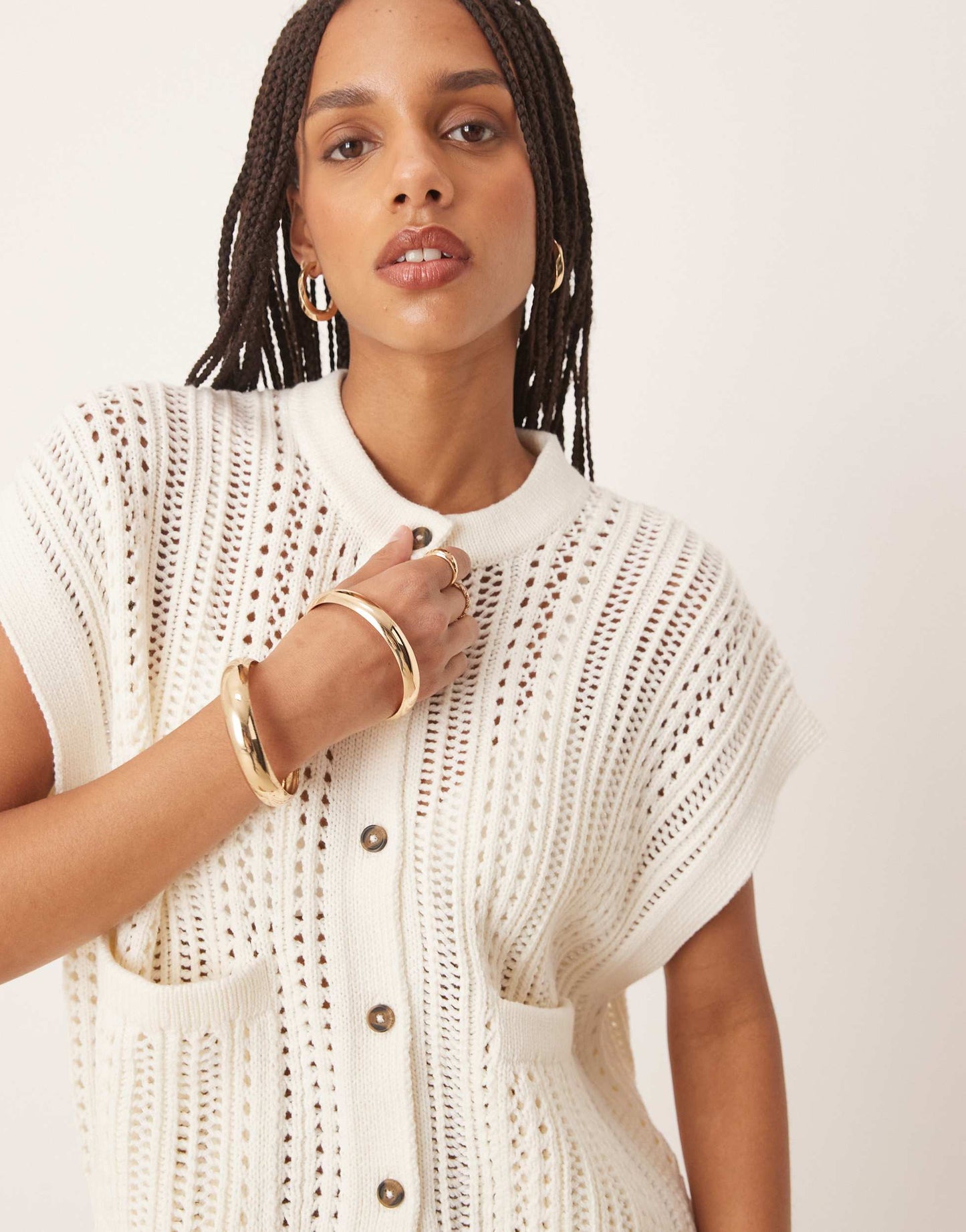 ASOS DESIGN knitted pointelle crew neck boxy waistcoat in cream