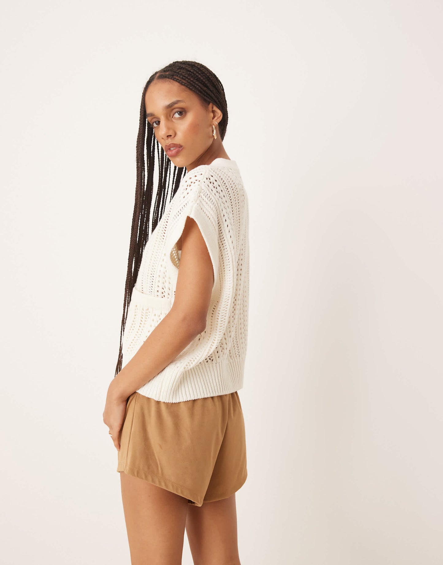 ASOS DESIGN knitted pointelle crew neck boxy waistcoat in cream