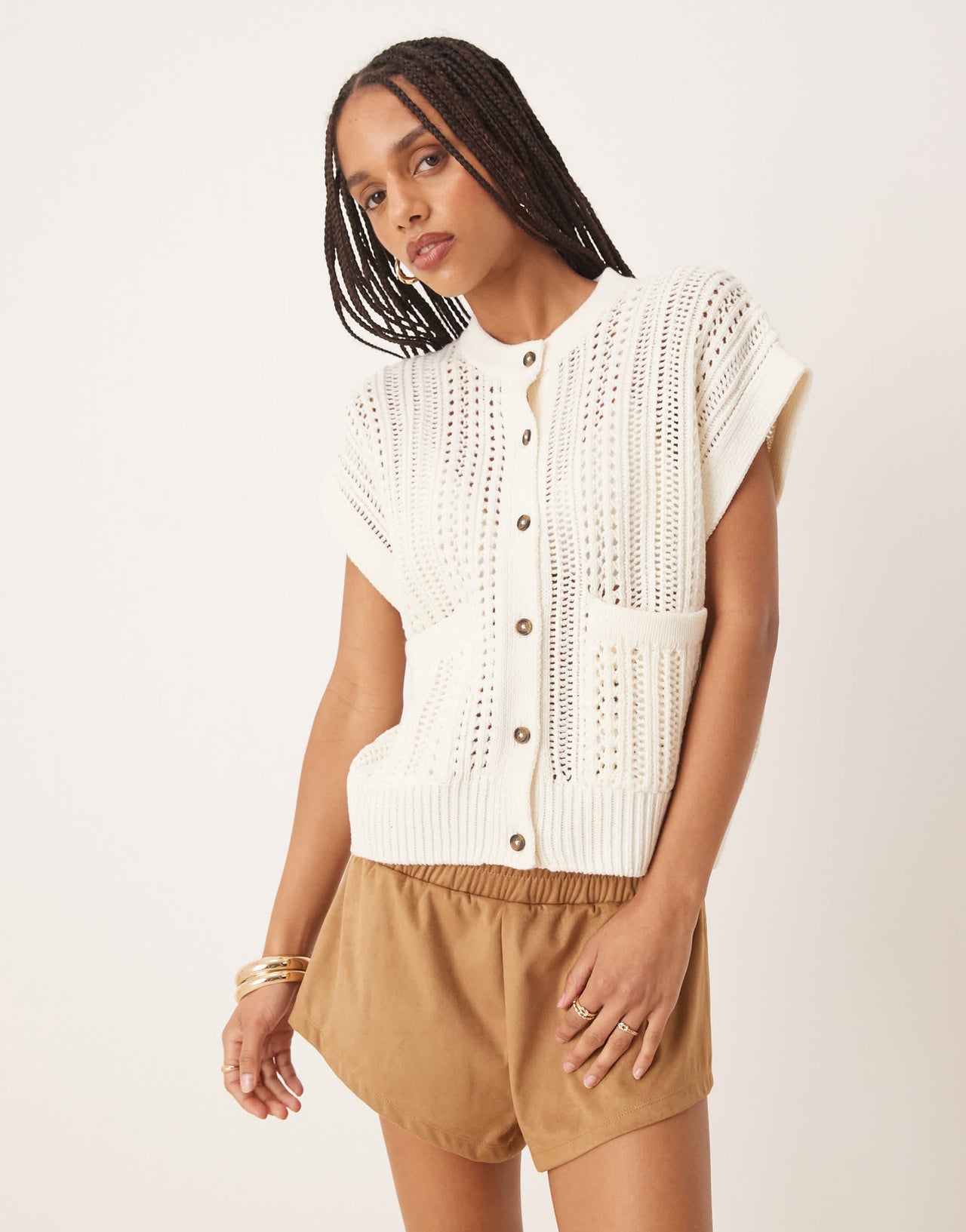 ASOS DESIGN knitted pointelle crew neck boxy waistcoat in cream