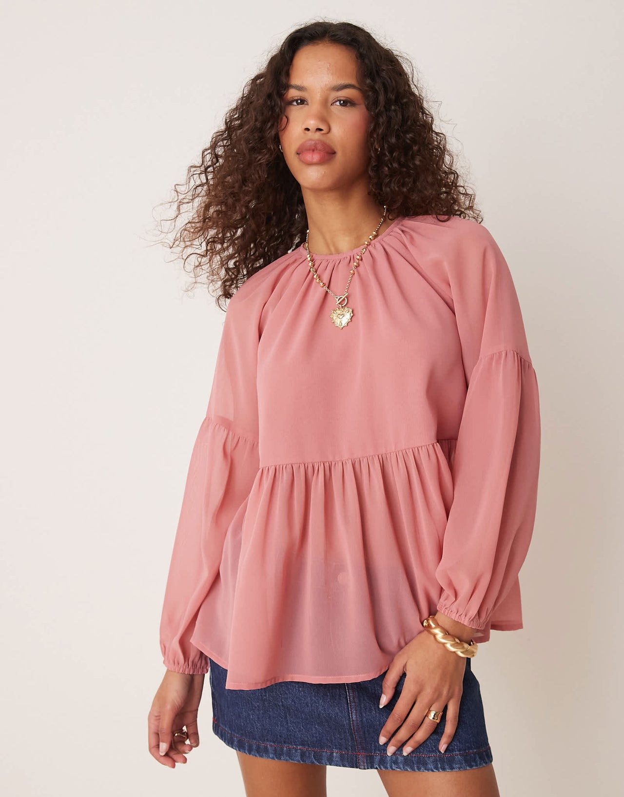 ASOS DESIGN long sleeve floaty smock top in pink