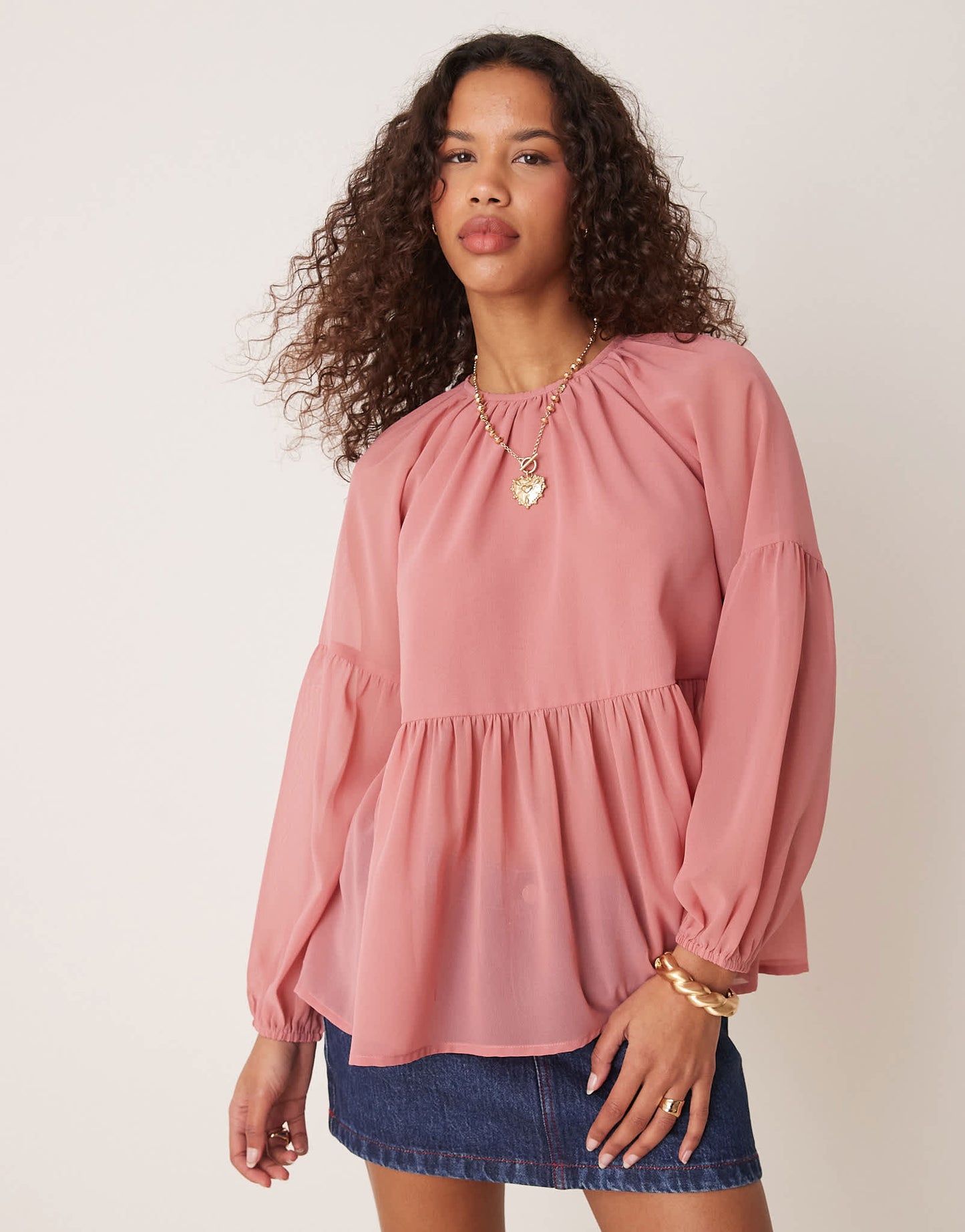 ASOS DESIGN long sleeve floaty smock top in pink