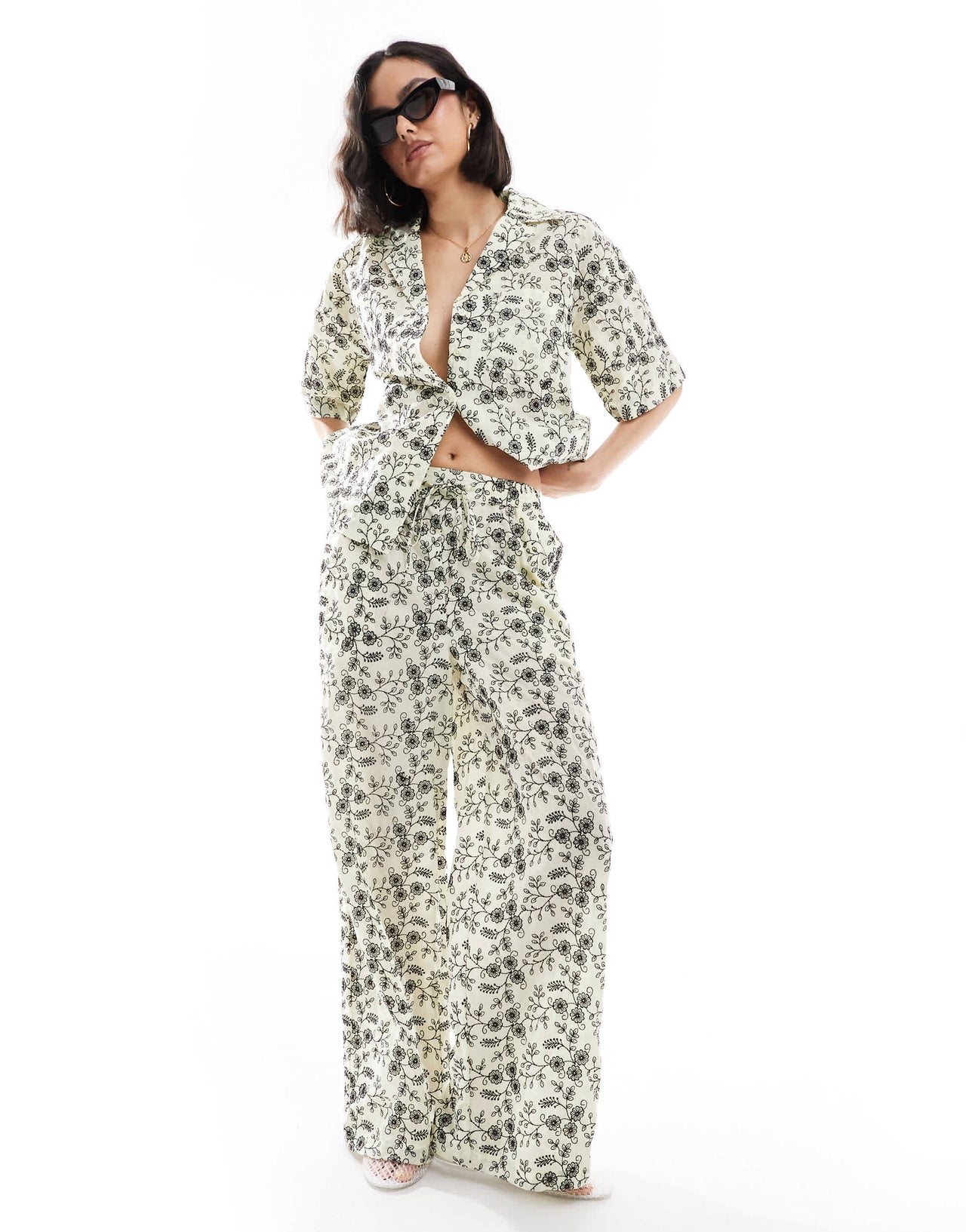 ASOS DESIGN contrast broderie co-ord trouser in yellow