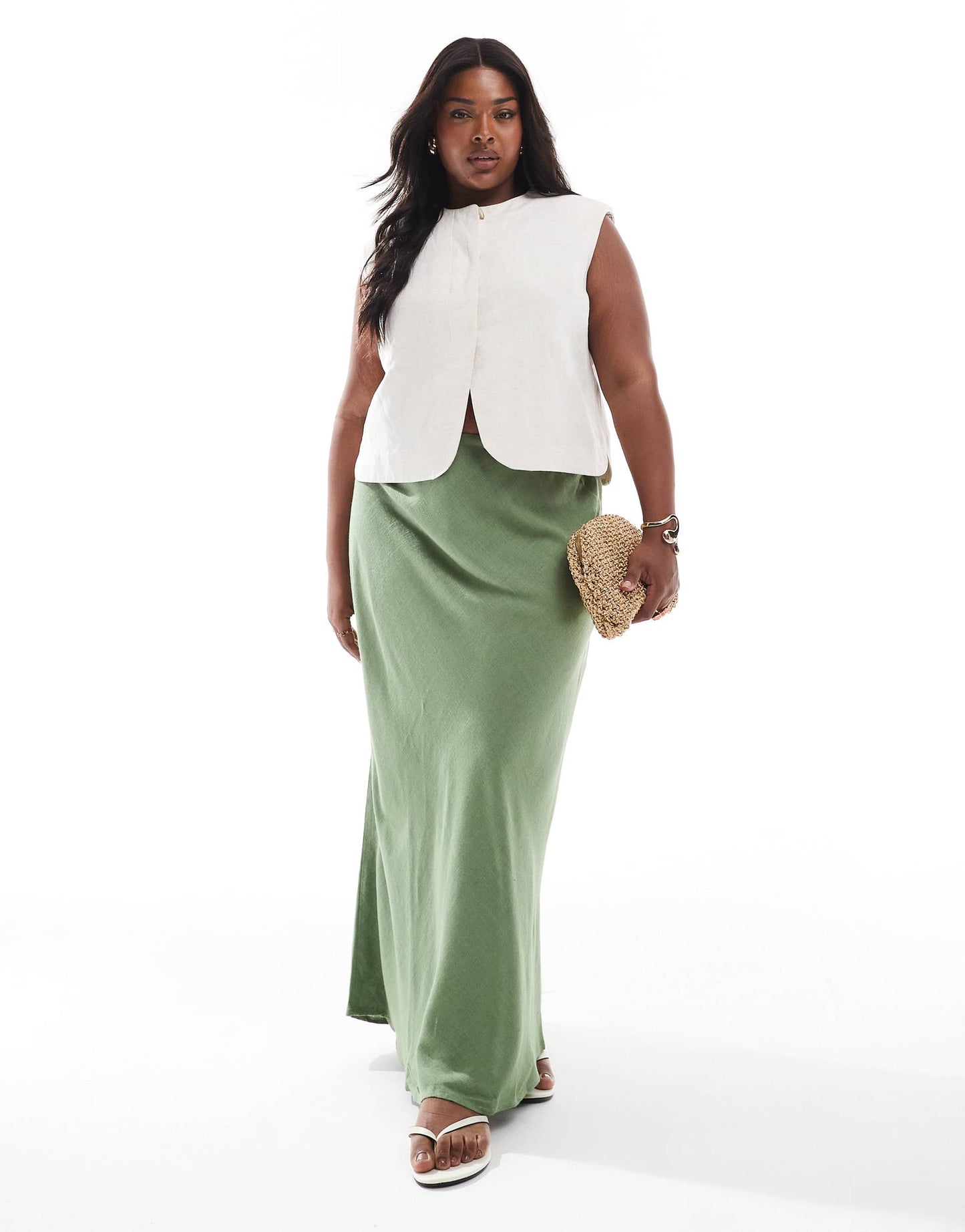 ASOS DESIGN Curve linen blend bias maxi skirt in khaki