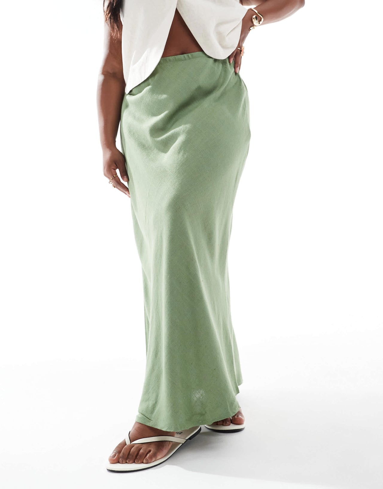 ASOS DESIGN Curve linen blend bias maxi skirt in khaki