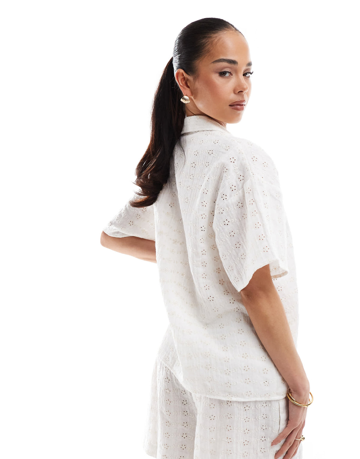 ASOS DESIGN broderie revere collar co-ord shirt in cream