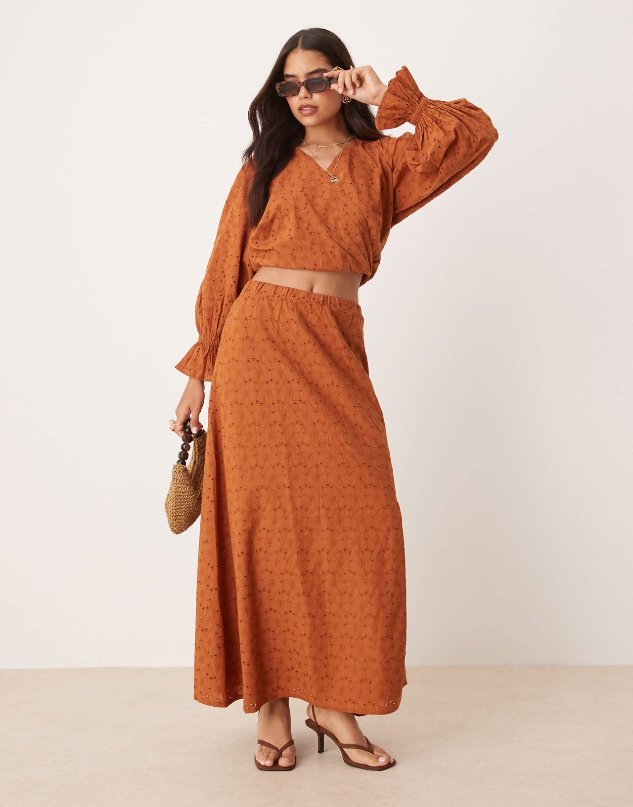 ASOS DESIGN premium broderie dropped waist co-ord maxi skirt in brown