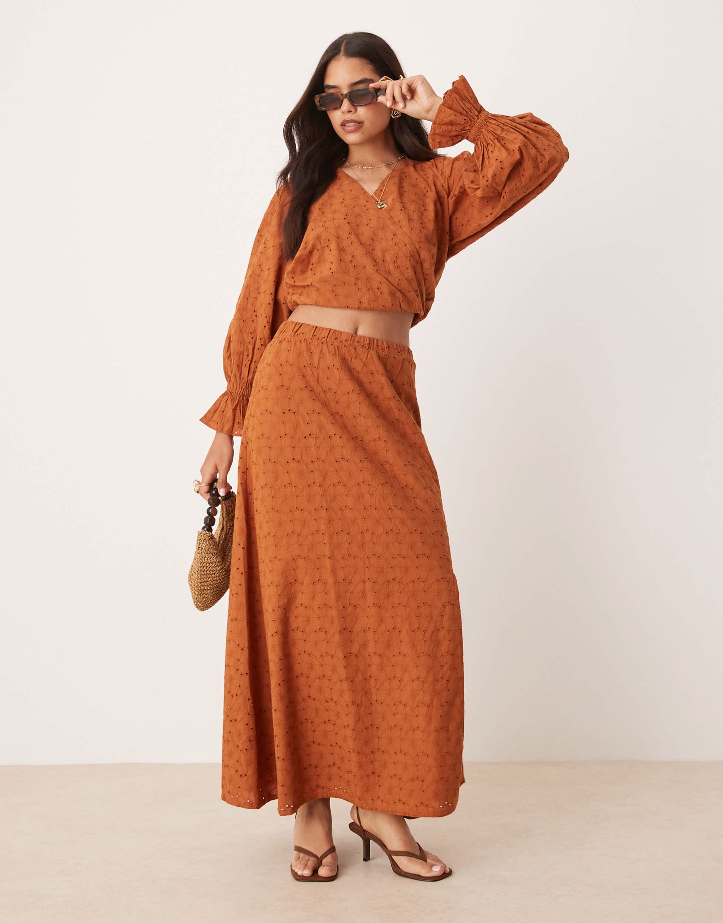 ASOS DESIGN premium broderie dropped waist co-ord maxi skirt in brown