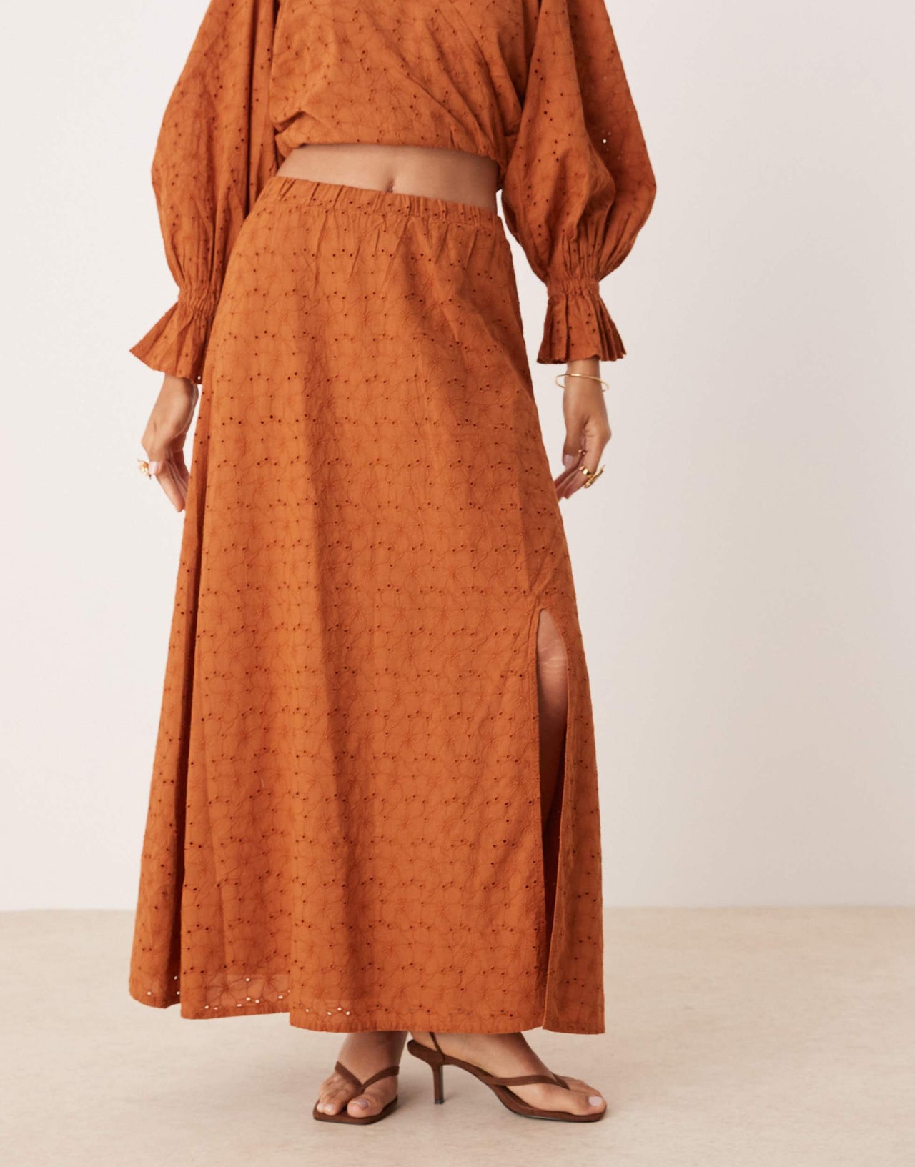 ASOS DESIGN premium broderie dropped waist co-ord maxi skirt in brown