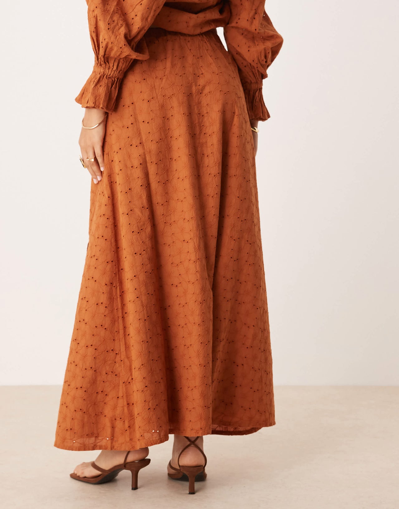 ASOS DESIGN premium broderie dropped waist co-ord maxi skirt in brown