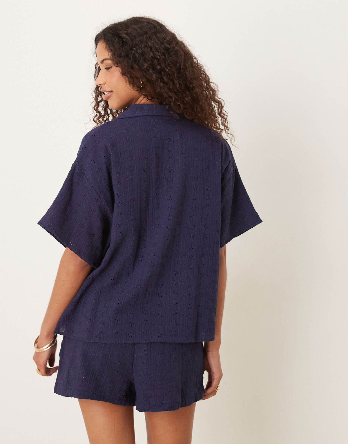 ASOS DESIGN broderie revere collar co-ord shirt in navy
