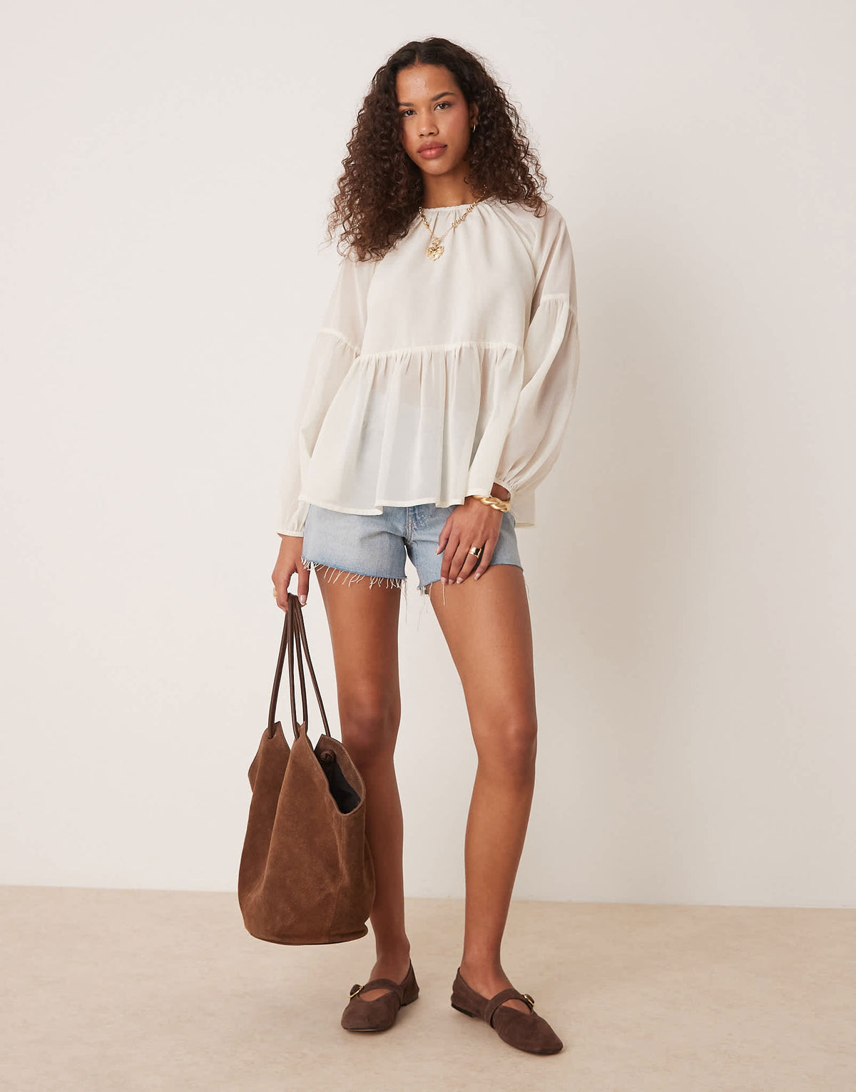 ASOS DESIGN long sleeve floaty smock top in cream