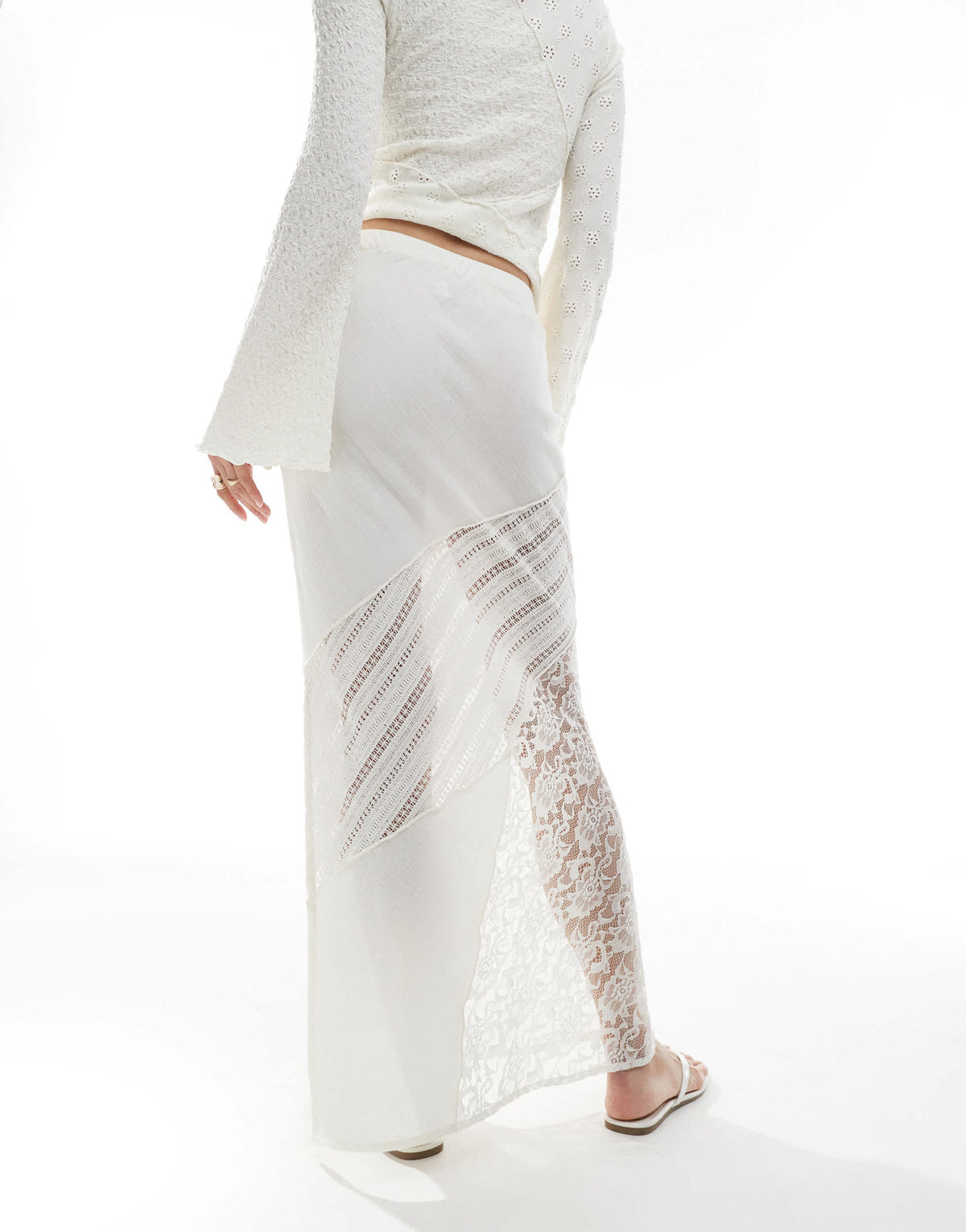 ASOS DESIGN linen look & lace patchwork maxi skirt in cream