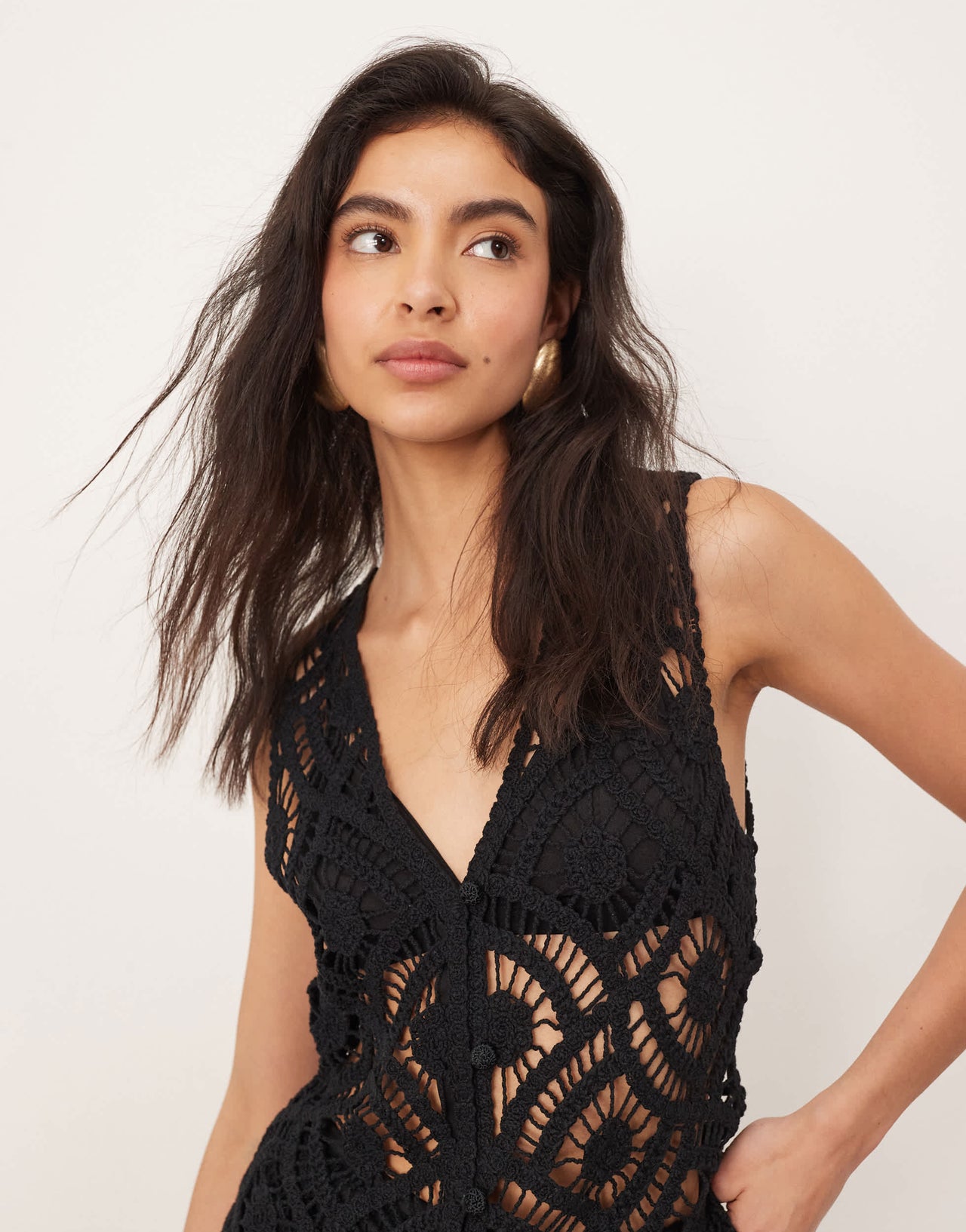 ARRANGE crochet longline button through top co-ord in black