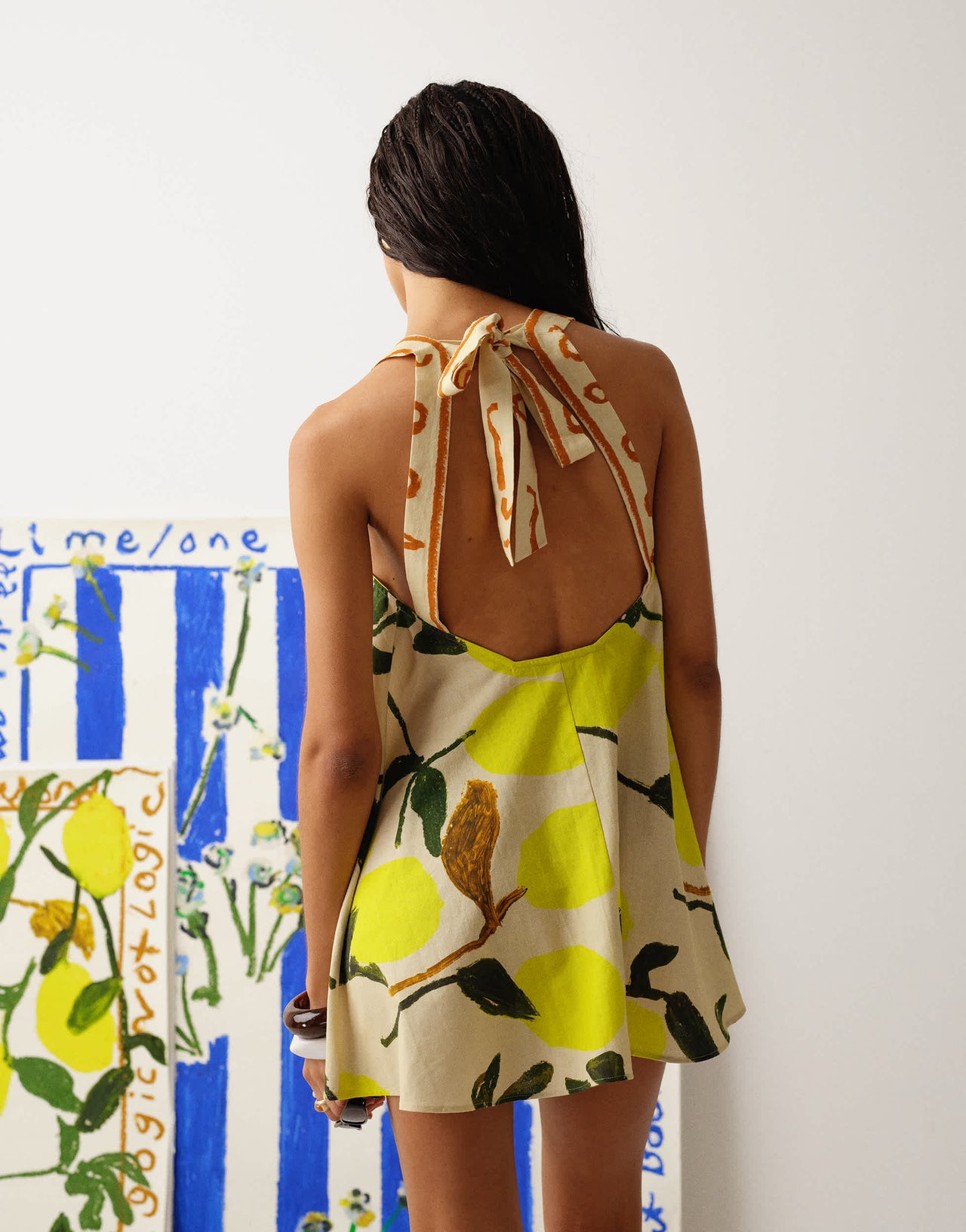 Topshop tie back A line mini dress in lemon print