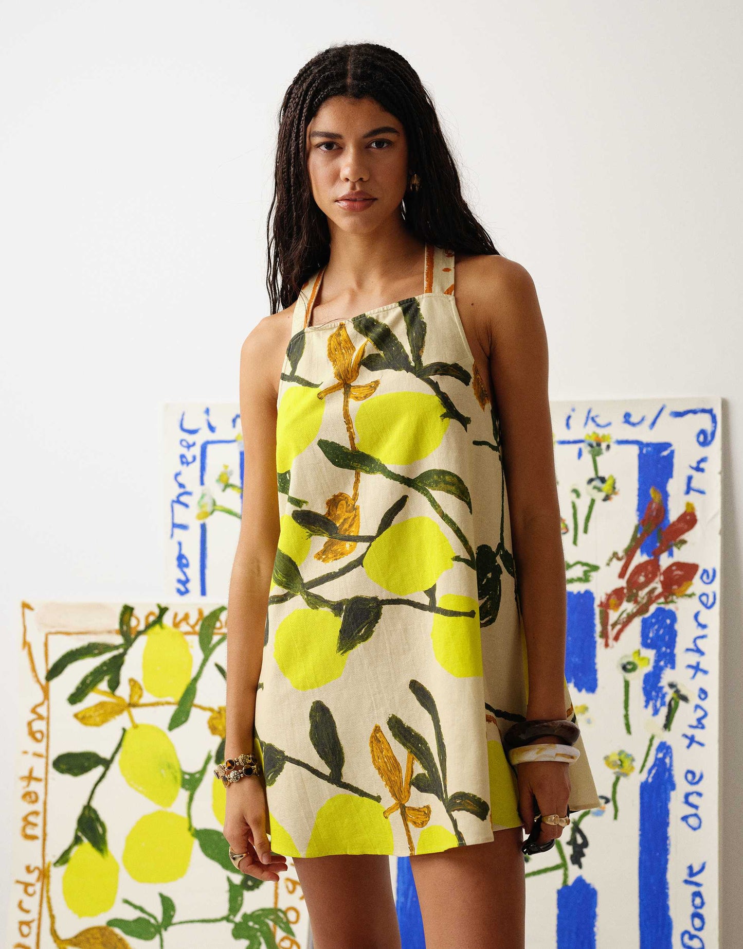Topshop tie back A line mini dress in lemon print